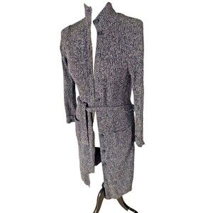 Vintage Lord & Taylor Grey Wool Blend Knit Cardigan Duster Burron Down Belted XS